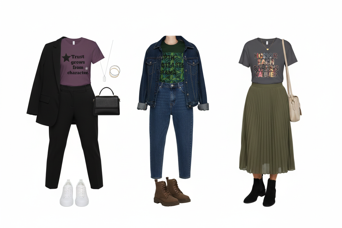 Neo-Deco inspirational style guide featuring values-driven fashion and complete outfit styling ideas