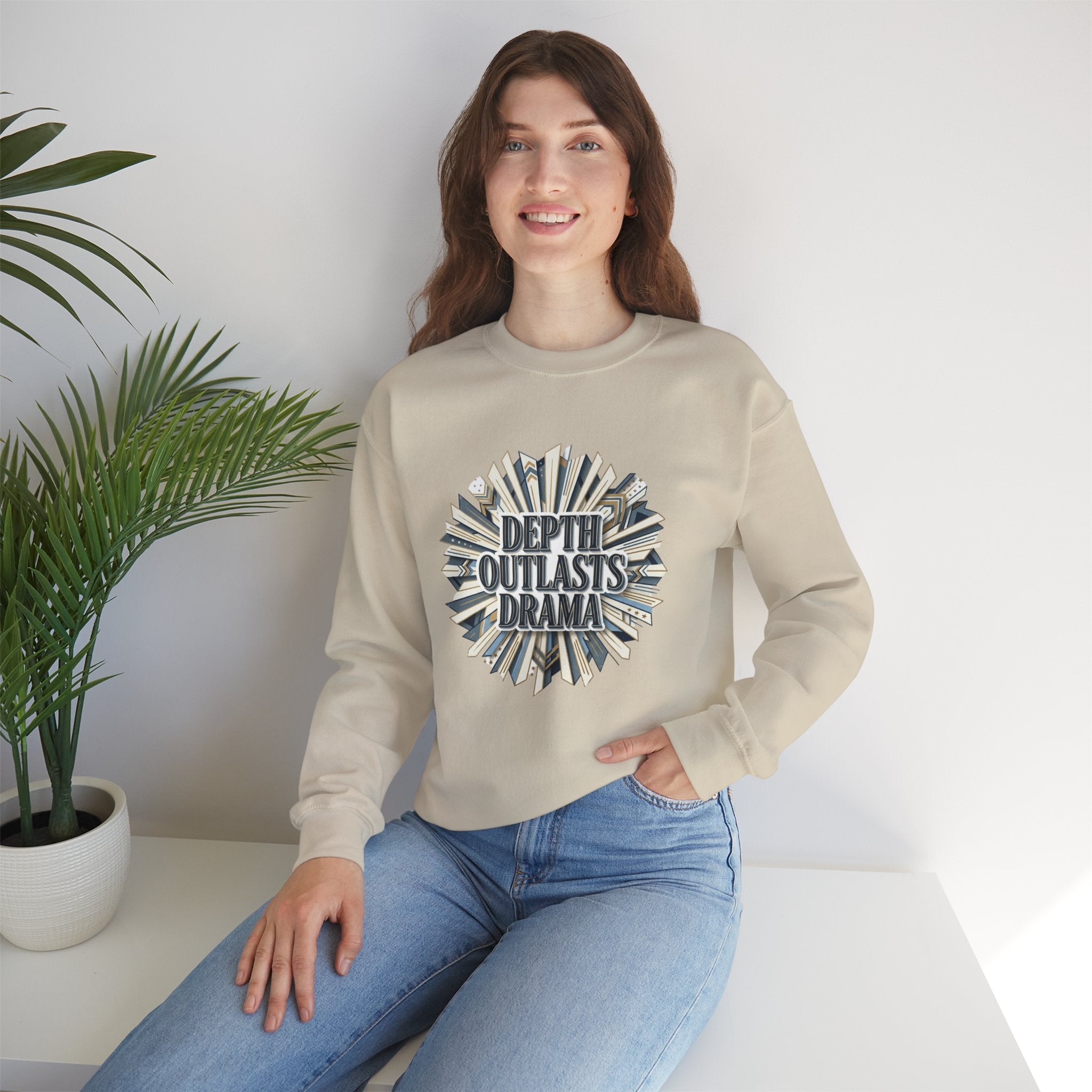 Crewneck Sweatshirt — "Depth Outlasts Drama" Graphic Pullover