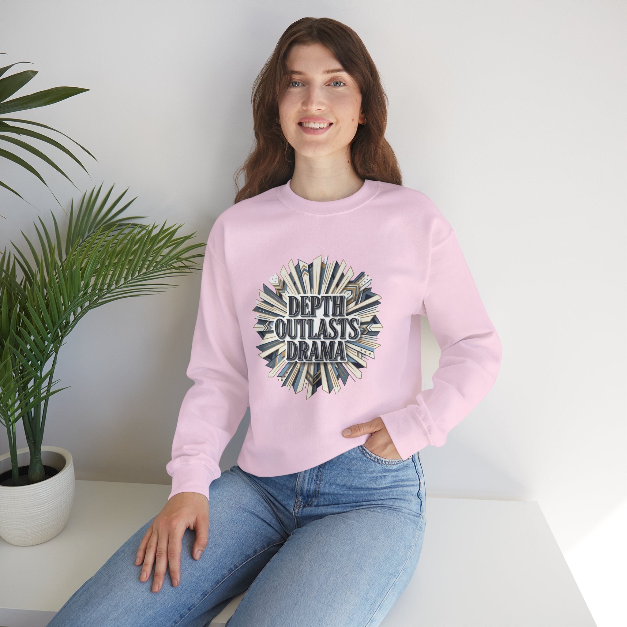 Crewneck Sweatshirt — "Depth Outlasts Drama" Graphic Pullover