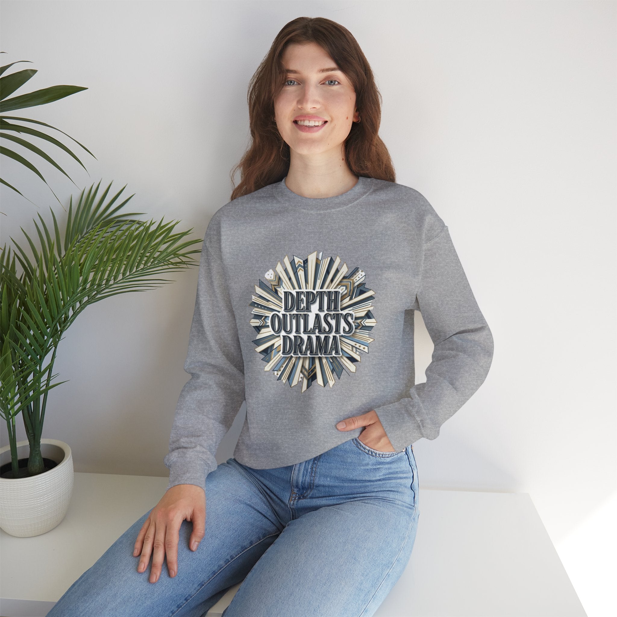Crewneck Sweatshirt — "Depth Outlasts Drama" Graphic Pullover