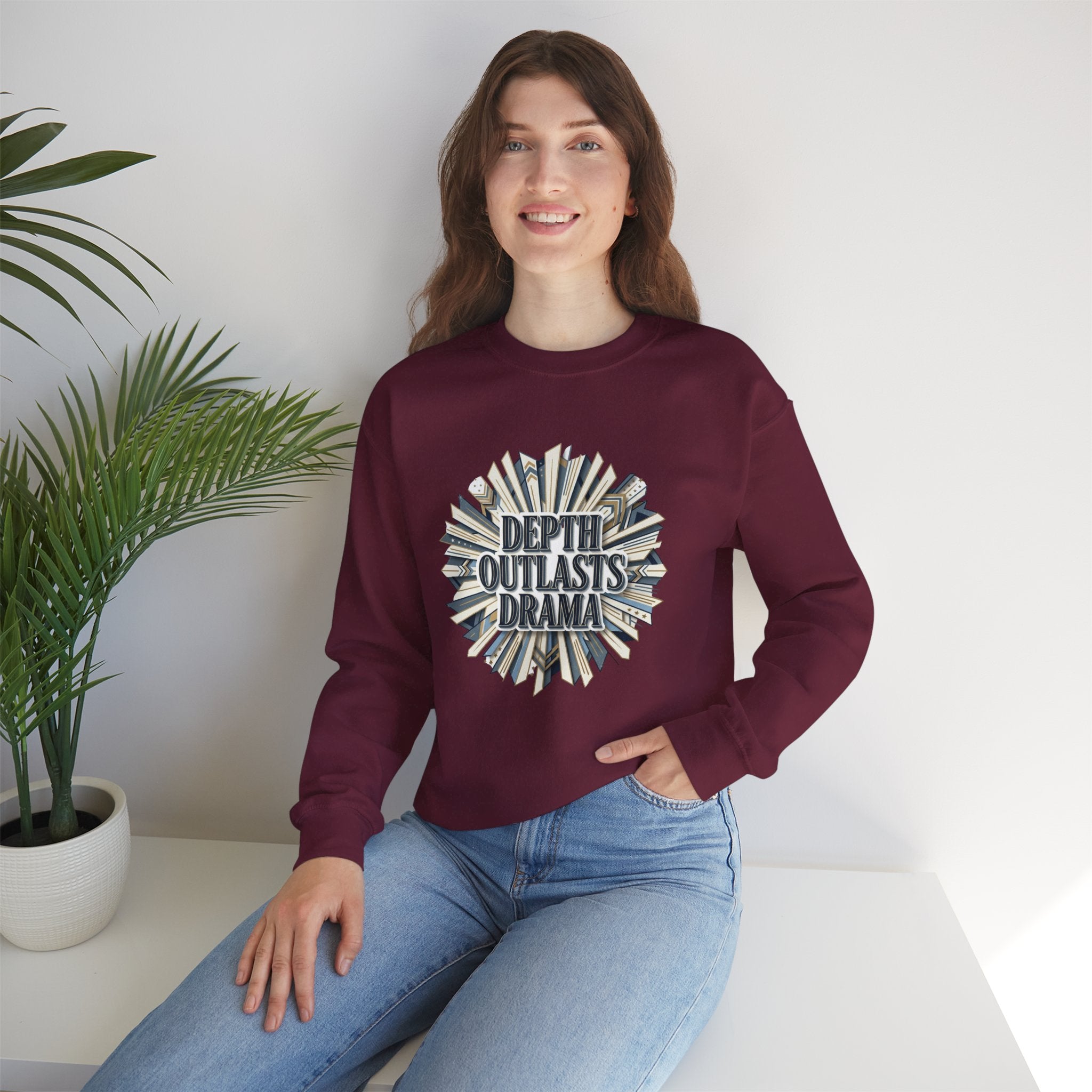 Crewneck Sweatshirt — "Depth Outlasts Drama" Graphic Pullover