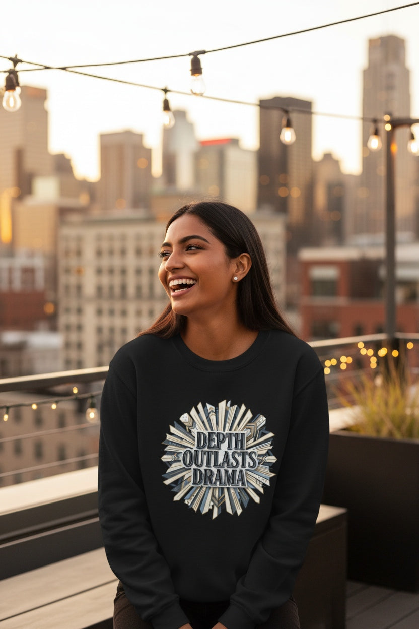 Crewneck Sweatshirt — "Depth Outlasts Drama" Graphic Pullover