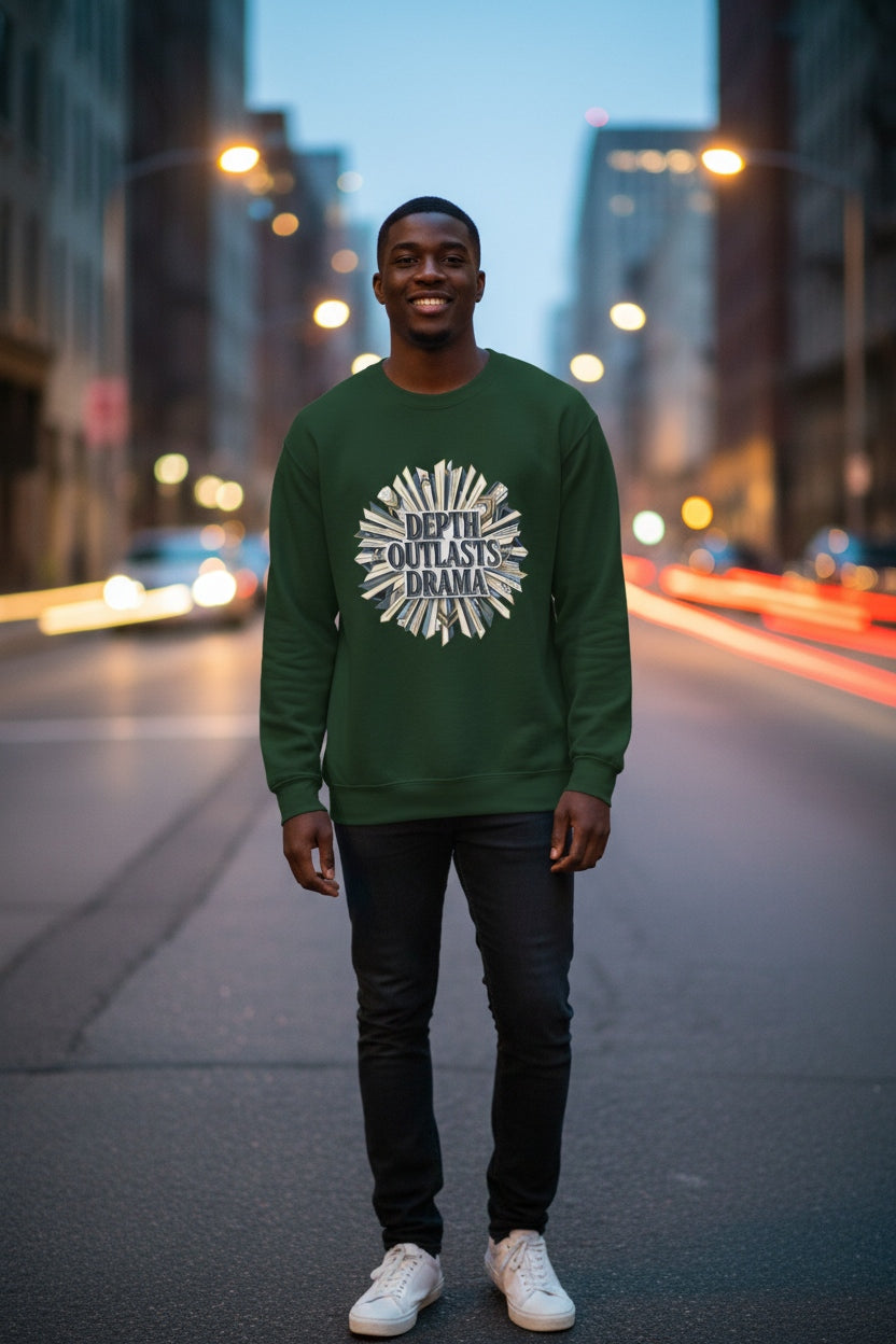 Crewneck Sweatshirt — "Depth Outlasts Drama" Graphic Pullover