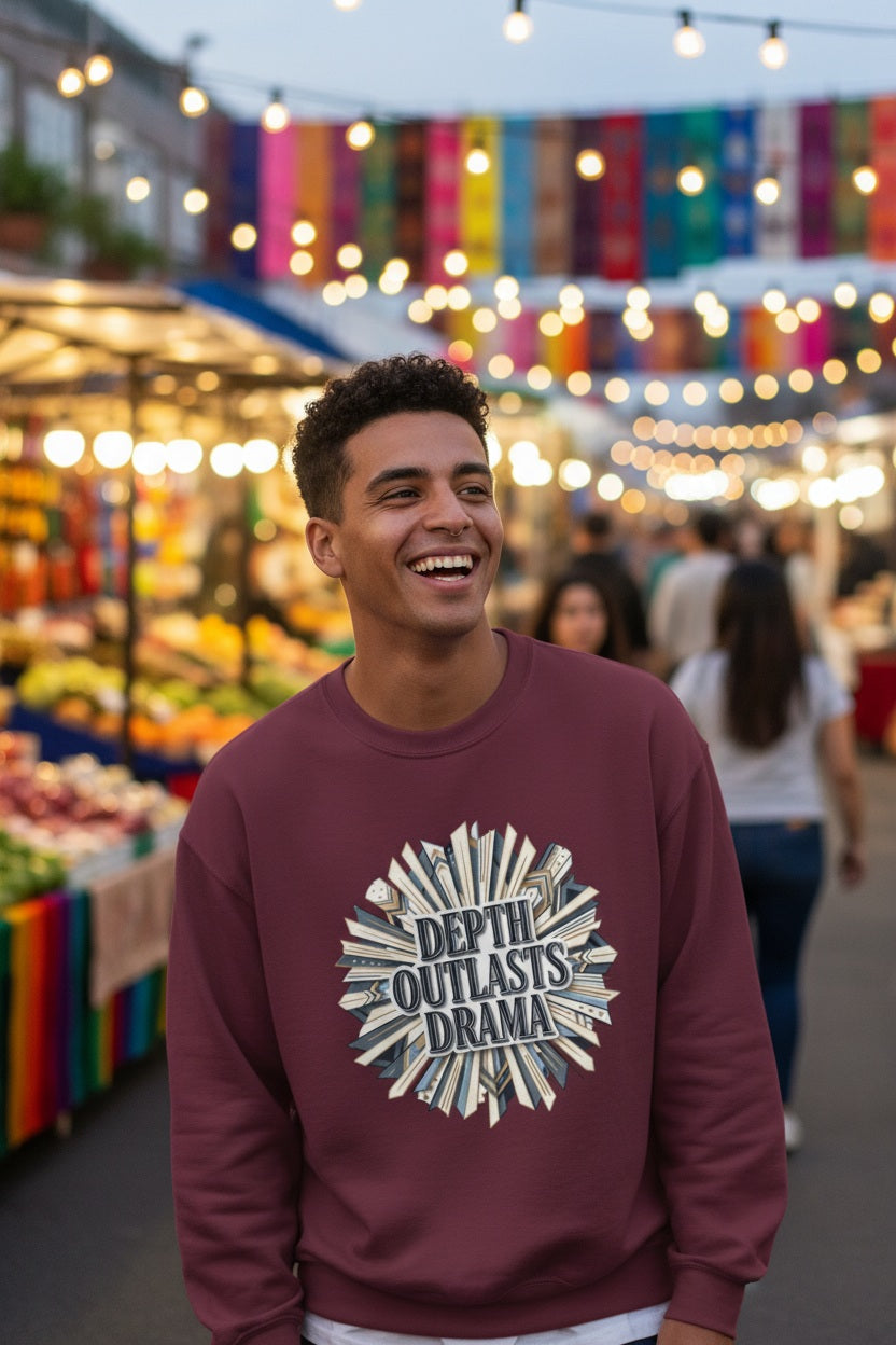 Crewneck Sweatshirt — "Depth Outlasts Drama" Graphic Pullover