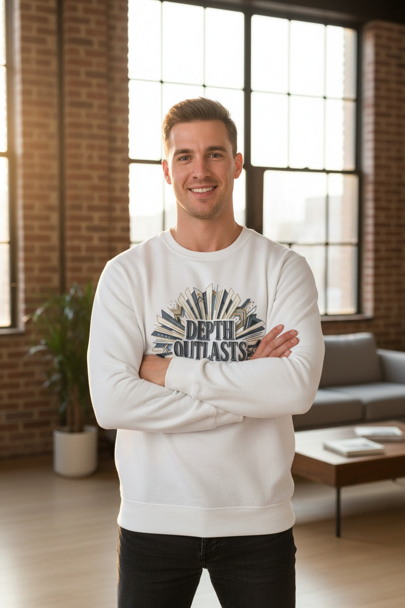 Crewneck Sweatshirt — "Depth Outlasts Drama" Graphic Pullover